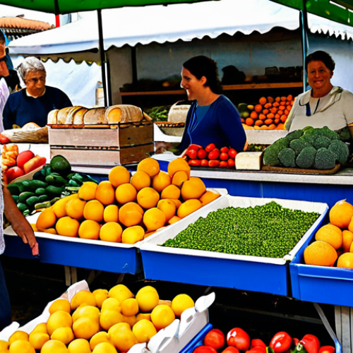 **Prompt 1: Cultural & Local Gastronomy**
    A vibrant scene at a Portuguese farmers' market, showcasing a diverse group of fully clothed individuals, including a friendly farmer in modest attire offering fresh produce, and a family browsing colorful fruits and vegetables. The market stall is abundant with traditional artisan bread, local cheeses, and seasonal produce, bathed in warm, natural sunlight. The atmosphere is lively and inviting, emphasizing community connection and the richness of local culinary roots. Perfect anatomy, correct proportions, natural poses, well-formed hands, proper finger count, safe for work, appropriate content, professional photography, high quality, family-friendly.