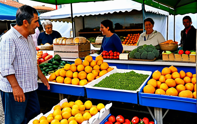**Prompt 1: Cultural & Local Gastronomy**
A vibrant scene at a Portuguese farmers' market, showcasing a diverse group of fully clothed individuals, including a friendly farmer in modest attire offering fresh produce, and a family browsing colorful fruits and vegetables. The market stall is abundant with traditional artisan bread, local cheeses, and seasonal produce, bathed in warm, natural sunlight. The atmosphere is lively and inviting, emphasizing community connection and the richness of local culinary roots. Perfect anatomy, correct proportions, natural poses, well-formed hands, proper finger count, safe for work, appropriate content, professional photography, high quality, family-friendly.