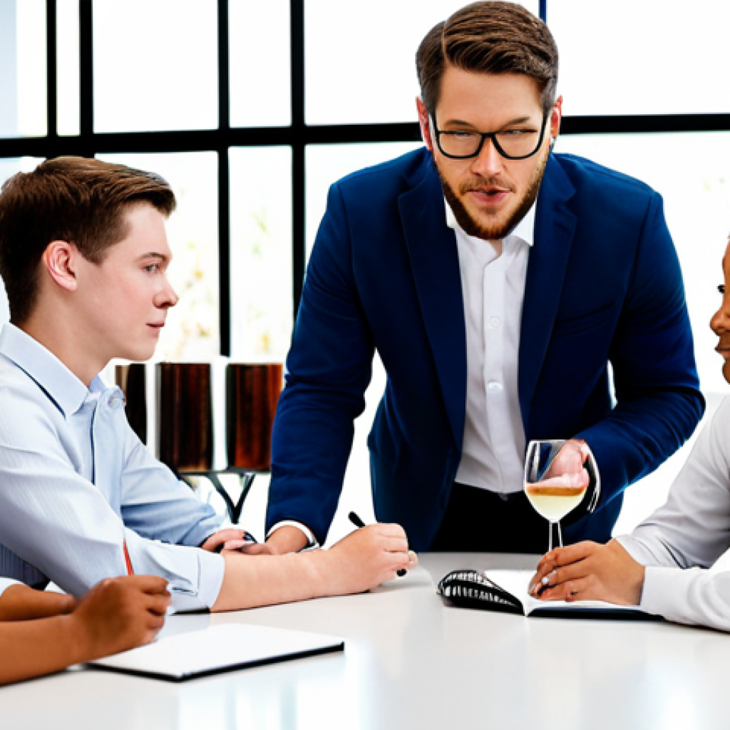 A professional taste educator, fully clothed in modest, professional business attire, guiding a small group of diverse, attentive students in a brightly lit, modern sensory tasting room. The educator is demonstrating the use of an 'aroma kit' with small, labeled jars and guiding students as they sample wine or coffee from professional tasting glasses. Students are taking notes in notebooks. The atmosphere is focused and engaging, emphasizing practical learning and sensory communication. Professional photography, natural pose, perfect anatomy, correct proportions, well-formed hands, proper finger count, natural body proportions, high quality, safe for work, appropriate content, professional.
