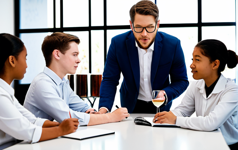 A professional taste educator, fully clothed in modest, professional business attire, guiding a small group of diverse, attentive students in a brightly lit, modern sensory tasting room. The educator is demonstrating the use of an 'aroma kit' with small, labeled jars and guiding students as they sample wine or coffee from professional tasting glasses. Students are taking notes in notebooks. The atmosphere is focused and engaging, emphasizing practical learning and sensory communication. Professional photography, natural pose, perfect anatomy, correct proportions, well-formed hands, proper finger count, natural body proportions, high quality, safe for work, appropriate content, professional.