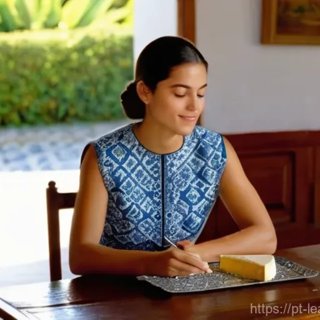 맛 교육에서의 지속적인 자기 개발 - A serene indoor scene featuring a young Portuguese woman in her late 20s, dressed in a simple, elega...
