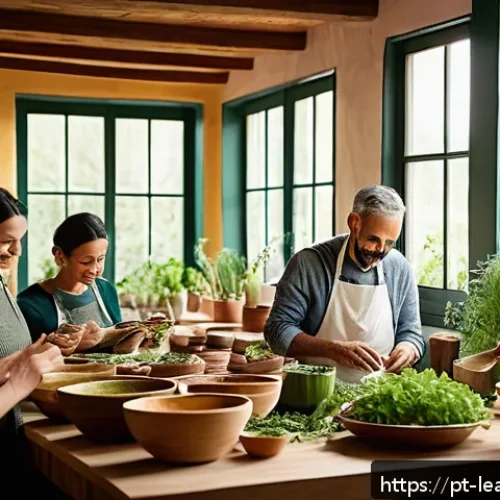 맛 교육의 성과 및 지속 가능성 - A cozy kitchen scene showcasing a diverse group of adults engaged in a sensory food workshop, carefu...