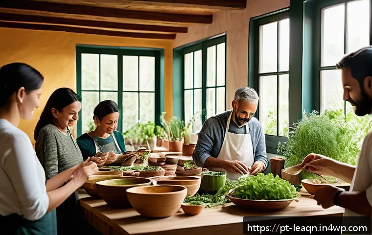 맛 교육의 성과 및 지속 가능성 - A cozy kitchen scene showcasing a diverse group of adults engaged in a sensory food workshop, carefu...