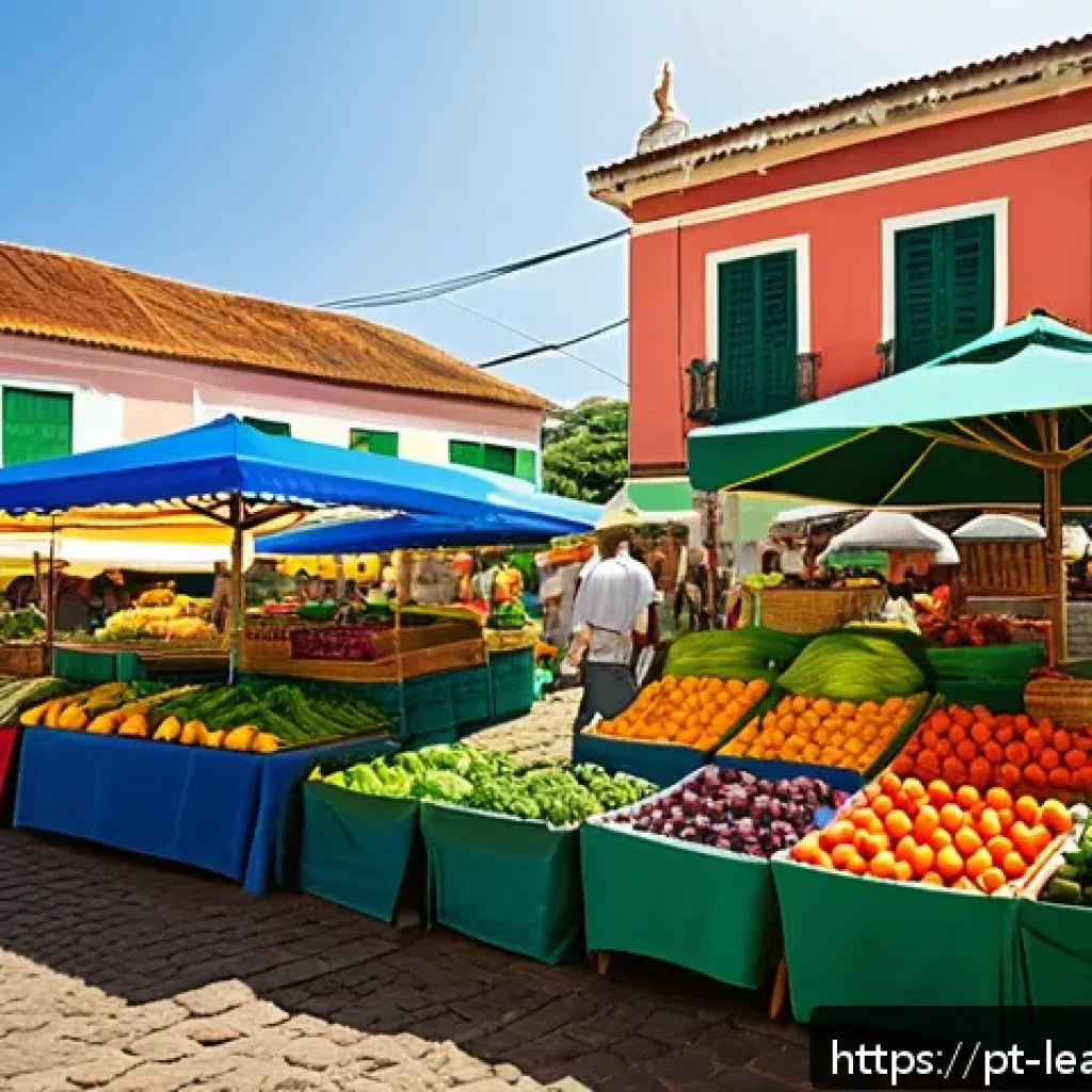 맛 교육의 지속 가능성  환경적 관점 - A vibrant farmers' market scene in a Brazilian town square during the morning, featuring diverse loc...