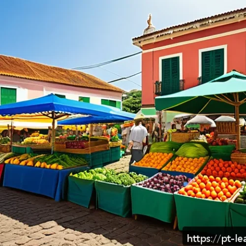 맛 교육의 지속 가능성  환경적 관점 - A vibrant farmers' market scene in a Brazilian town square during the morning, featuring diverse loc...
