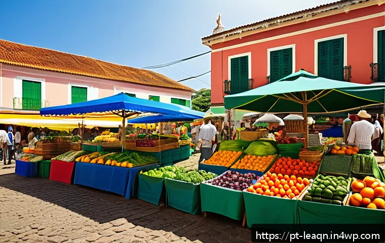 맛 교육의 지속 가능성  환경적 관점 - A vibrant farmers' market scene in a Brazilian town square during the morning, featuring diverse loc...