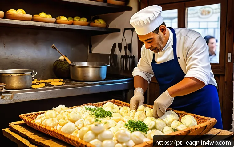 여행과 맛 교육  글로벌 체험 - A vibrant traditional Portuguese kitchen scene featuring a local chef wearing clean, modest attire p...