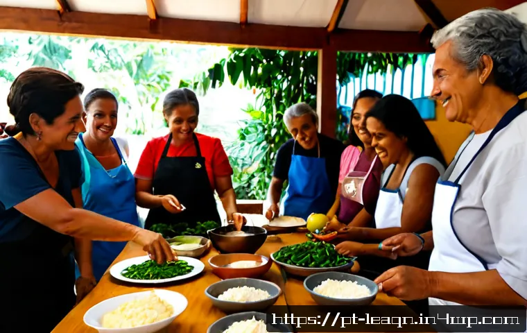Home 17 맛 교육과 커뮤니티의 역할 - Photorealistic community cooking workshop in a bright Brazilian neighborhood kitchen, diverse adults...