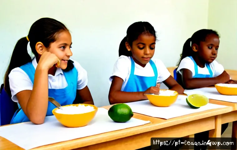 Home 17 맛 교육을 위한 실습 활동 아이디어 - Photorealistic Brazilian elementary classroom taste education activity, diverse children wearing cle...