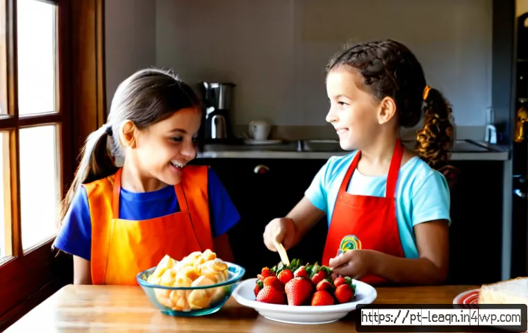 어린이를 위한 재미있는 맛 교육 기법 - Photorealistic bright family kitchen in Portugal, two cheerful elementary-school children wearing co...